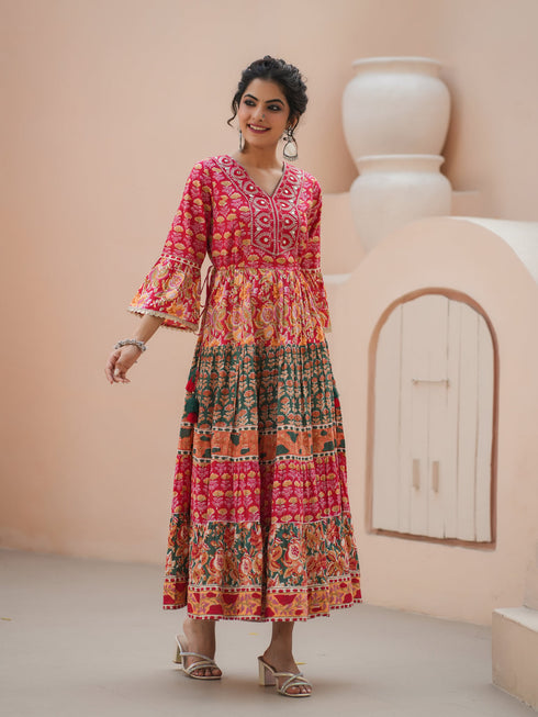 Women Floral Printed Thread Work Anarkali Kurta